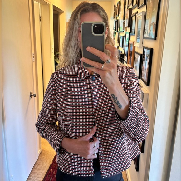 Classiques Entier 70’s Inspired Red Black Knit Woven Collared Blazer Jacket - Picture 9 of 12